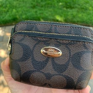 Coach Signature Canvas Double Zip Coin Card Wallet